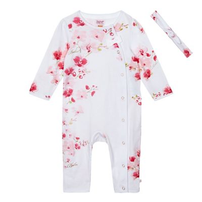 Baby girls' pink floral print sleepsuit with a headband